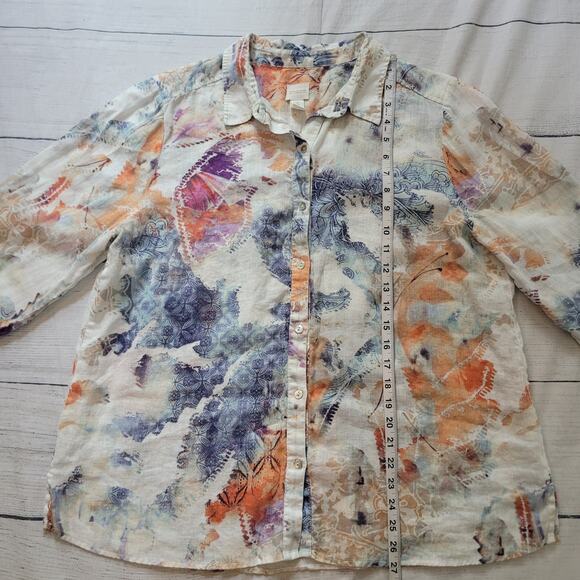 Chico’s Size 3 XL Watercolor Floral Print Button Up Linen Blend Art to Wear - Picture 4 of 9